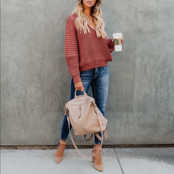 Knit V Neck Sweater - Dusty Cedar - Picture 3 of 8